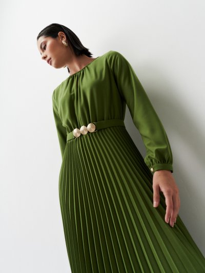 Vestido Plissado em Alfaiataria Verde